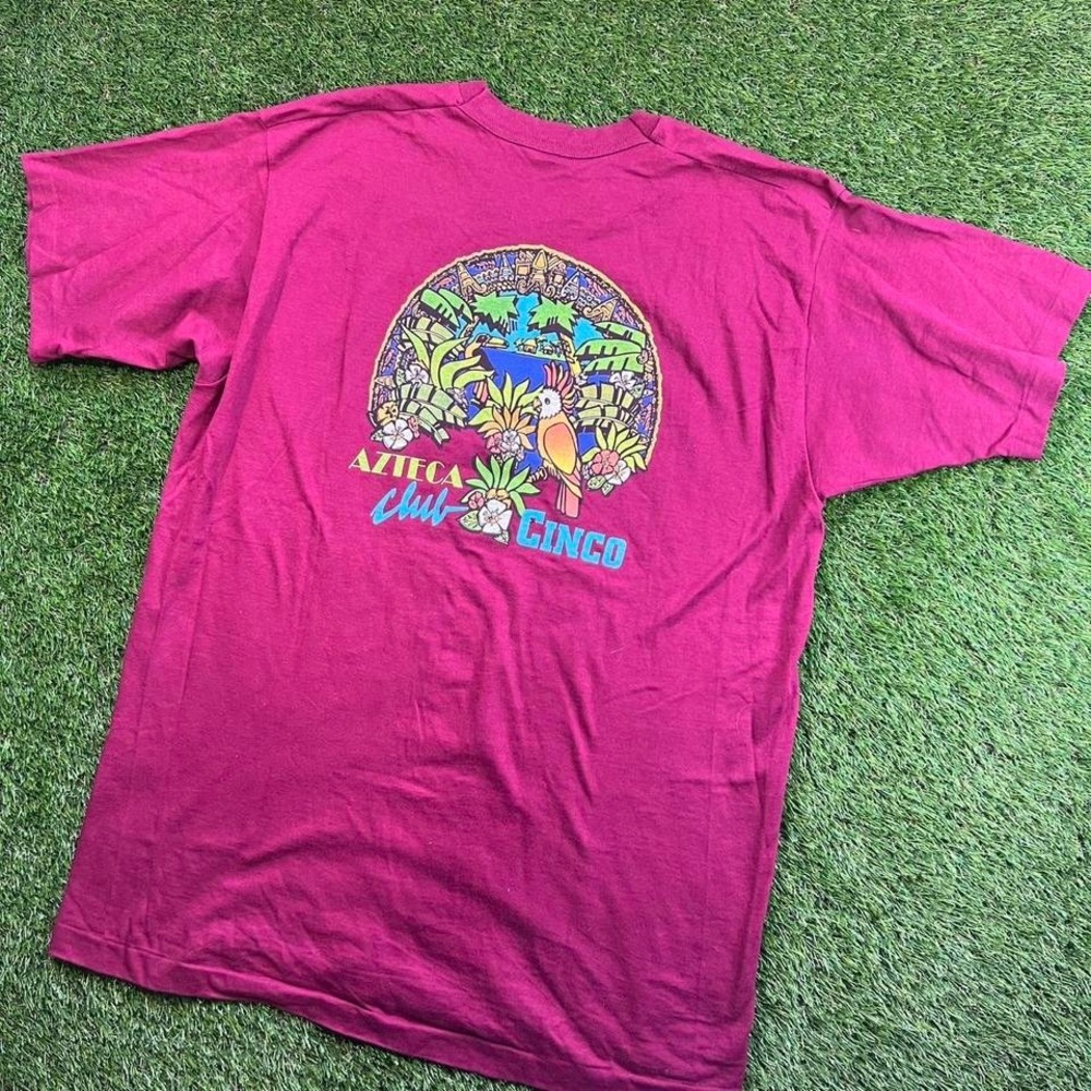 VTG Single Stitch Azteca Club Cinco Mexico Tropical Parrot Resort Tee Red XL